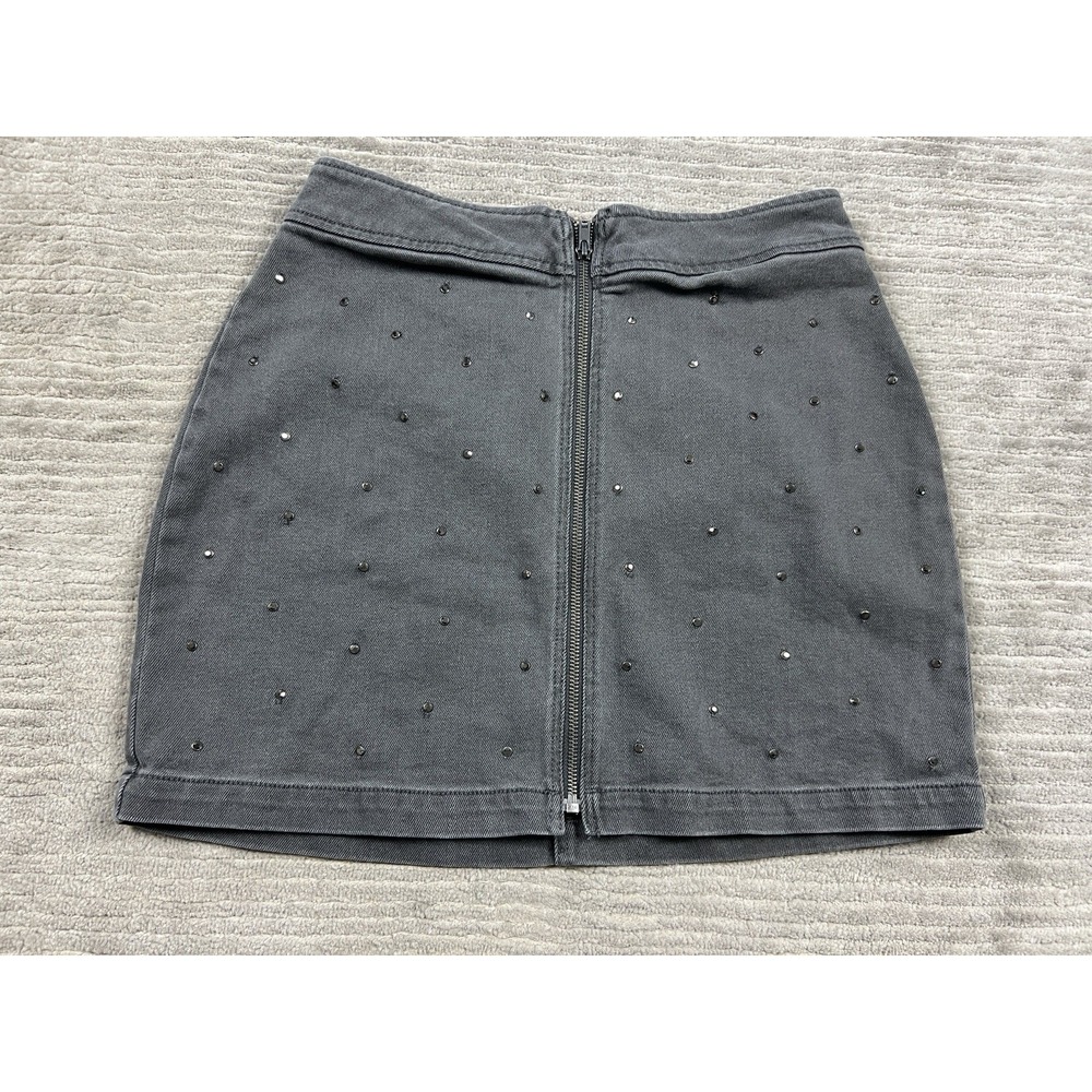 Bar III Jean Y2K Studded Skirt Women 8 Gray Denim Front Zip Mini